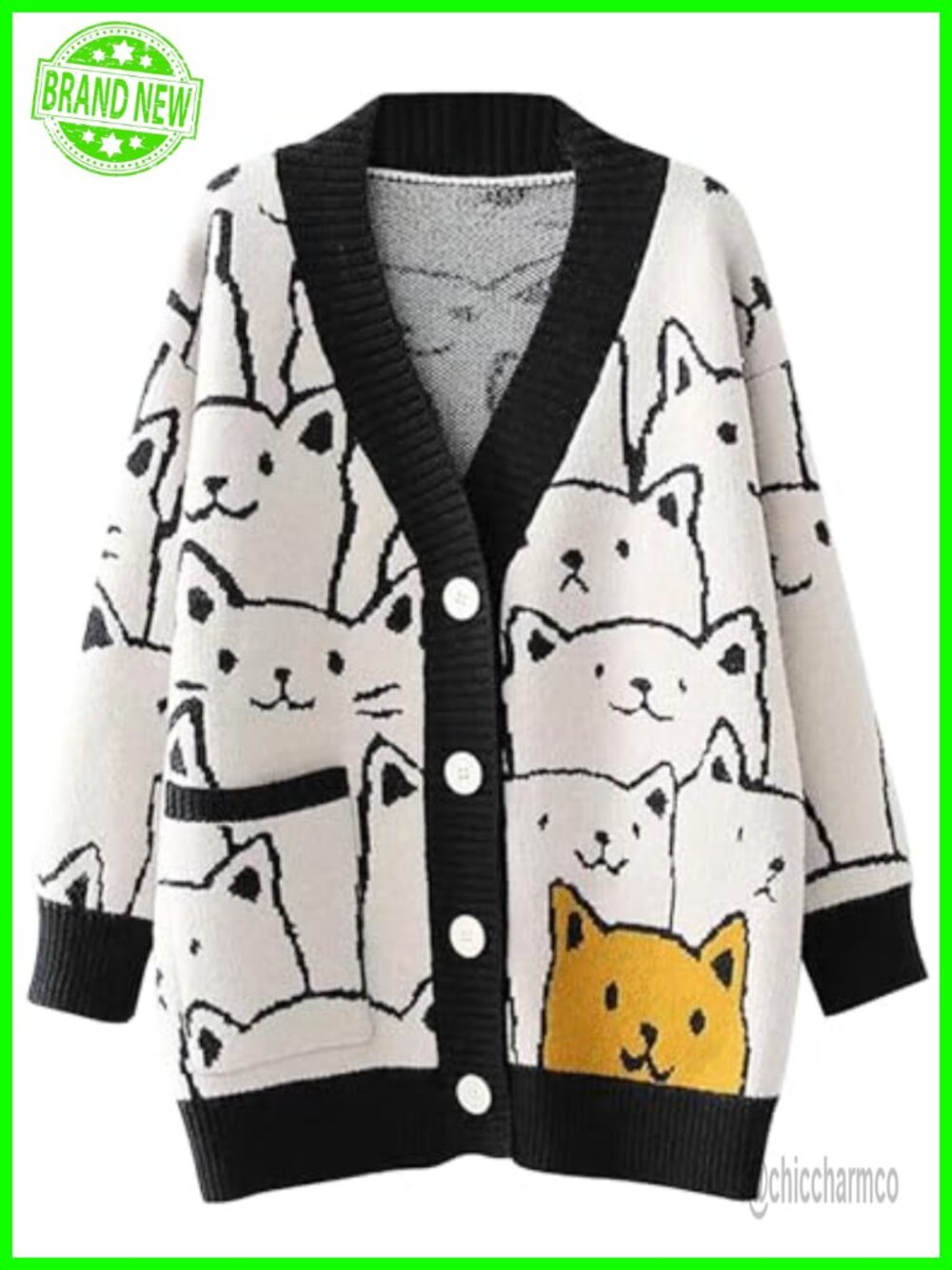 Oversized Knit Cat Cardigan Button Down V-Neck Kawaii Sweater